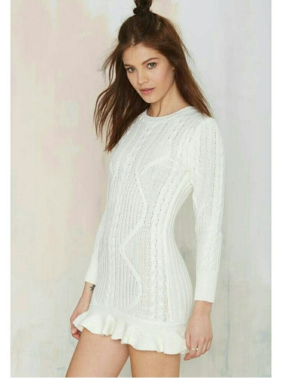 NWT Tart By Nordstrom White Cable Knit Ruffle-Hem Sweater Dress XS